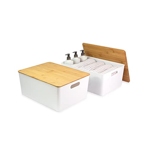 Isaac Jacobs 2-Pack XL White Storage Bins w/Cut-Out Handles and Bamboo Lid | Plastic Organizers for Home, Pantry, Kitchen, Closet, Office, Home Decor, BPA Free, Food Safe (Extra-Large, White) - color: White, size: Extra-Large