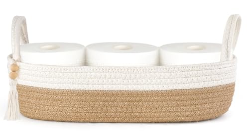 Mkono Toilet Paper Basket, Boho Bathroom Decor, Small Storage Organizer | Brown and White, 15.7"L x 6"W, Back of Toilet Basket, Decorative Woven Tray with Handles, Space-Saving, Living Room Bedroom - color: Brown and White, size: Medium