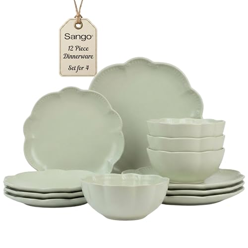 Sango 12 Pieces Scalloped Dinnerware Set, Sage Green Dishes for 4, Premium Serving Plates & Bowls Sets, Chip Resistant, Ceramic Dishware, Kitchen Dish, Microwave & Dishwasher Safe, Bethany - color: Sage Green, size: 12-Piece Set
