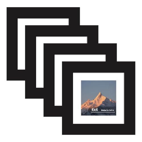 4x4 Picture Frame Set of 4 with Real Glass, Wall & Tabletop Display | Fits 3x3 with Mat or 4x4 without Mat, Crystal-Clear Viewing for Family Photos and Gallery Walls, Black - color: Black, size: 4x4 in