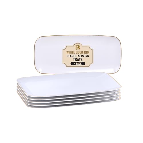 R-kay 4 Pack Gold Rim Plastic Serving Trays - 10 by 5.5 in Heavy Duty Rectangular Platters for Food and Desserts - Premium White Party Trays - color: White And Gold, size: 10 Inch