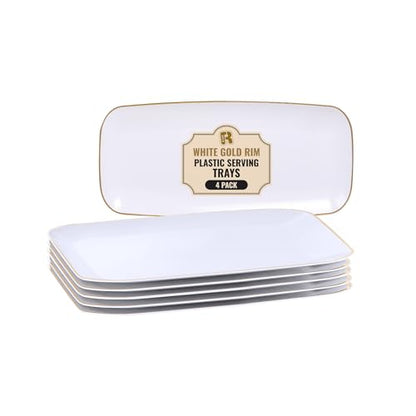 R-kay 4 Pack Gold Rim Plastic Serving Trays - 10 by 5.5 in Heavy Duty Rectangular Platters for Food and Desserts - Premium White Party Trays - color: White And Gold, size: 10 Inch