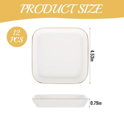 12 Pack Ceramic Jewelry Trays, 4.53 Inch Square Jewelry Dish with Gold Rim, Small Ring Dish Holder for Dresser Vanity, Stackable Decorative Tray, Earring Organizer for Display