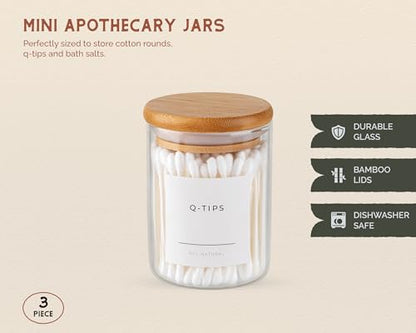 Mini Glass Apothecary Jars with Bamboo Lids, Small Bathroom and Kitchen Storage Containers, For Cotton Balls, Pads and Swabs, 10 oz, Set of 3 (Clear) - color: Clear