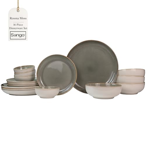 Sango 16-Piece Stoneware Dinnerware Set for 4, Glossy Cream/Green Big Dinner Plates and Bowls Sets with Reactive Glaze, Ceramic Dish Set, Modern Dishes, Microwave & Dishwasher Safe, Resona Moss - color: Green/Cream, size: 16-Piece Set