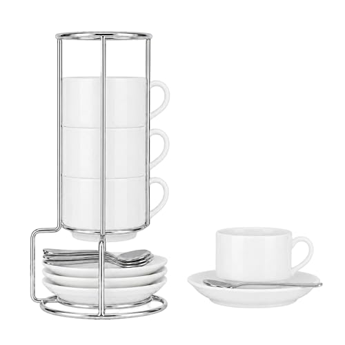 3 Ounce Espresso Cups Set of 4, White | Stackable Demitasse Mugs, Includes Display Stand, Cups Saucers, and Spoons, for Machines & Home Use - color: White
