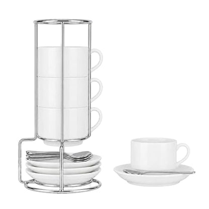 3 Ounce Espresso Cups Set of 4, White | Stackable Demitasse Mugs, Includes Display Stand, Cups Saucers, and Spoons, for Machines & Home Use - color: White