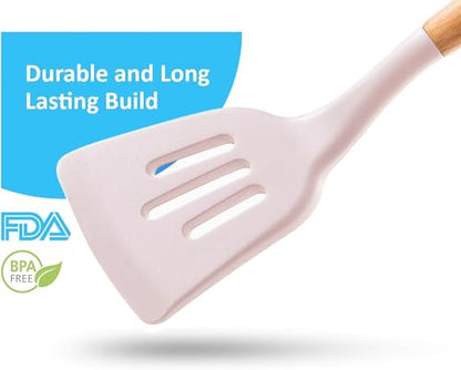 Silicone Cooking Utensils Set 6 Piece – Heat Resistant up to 480°F, BPA Free & Non-Scratch Kitchen Tools with Natural Wood Handles, White - color: White