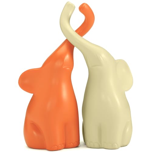 Elephant Figurines Loving Pair of ElephantsStatue 6.3" High Decor for Home Gift for Couples Set of 2(Orange&Cream) - color: Orange