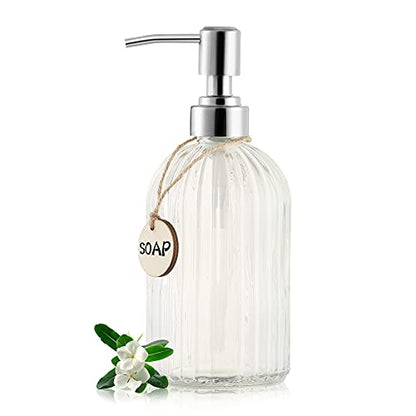 MOCLIF 16 OZ Soap Dispenser，Tempered Glass Clear Vertical Stripe with 304 Rust Proof Stainless Steel Pump Refillable Liquid Hand Soap Dispenser，for Bathroom, Kitchen, Dish Soap，Lotion (Clear) - color: White