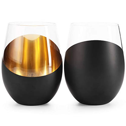 MyGift Modern Matte Black and Gold Tilted Design Stemless Wine Glasses Tumblers - 18 oz, Set of 6 - color: Black (Set of 6)