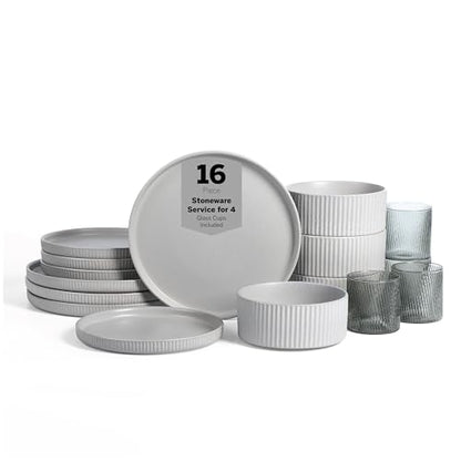 Stone Lain Haven Stoneware 16-Piece Dinnerware Set, Plates and Bowls Sets for 4, Grey Dish Set, Includes Dinner and Salad Plates, Cereal Bowls, Glassware, Microwave & Dishwasher Safe - color: Gray, size: 16-Piece - Drinking Glasses