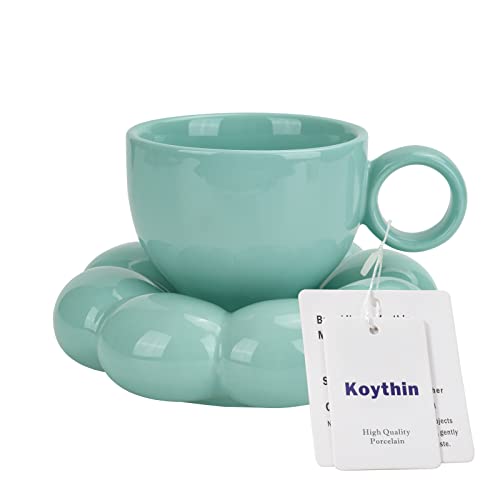 Koythin 6.5oz Sunflower Saucer Mini Ceramic Mug, Blue-Green Tea Latte Cup | 200ml Refreshing Small Mug, Dual Safe Ceramic; Home Office Light Drink Cup, Aesthetic Decor - color: Blue-green