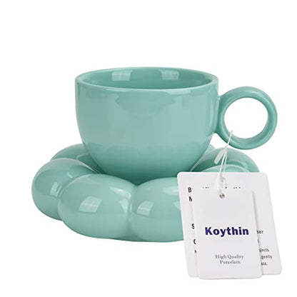 Koythin 6.5oz Sunflower Saucer Mini Ceramic Mug, Blue-Green Tea Latte Cup | 200ml Refreshing Small Mug, Dual Safe Ceramic; Home Office Light Drink Cup, Aesthetic Decor - color: Blue-green