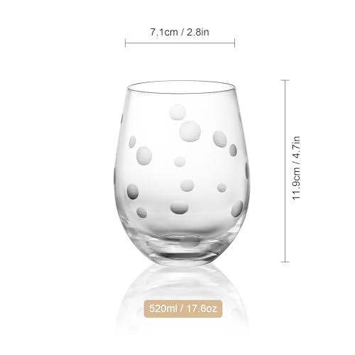 Joeyan Hand Blown Etched Stemless Wine Glasses with Dots Swirls Pattern for Red Wine,Large Carved Drinking Glass Cups Tumblers for Wedding Anniversary Party Home,Set of 2, 17.5 oz, Dishwasher Safe - color: Etched Dots Swirls Patterned