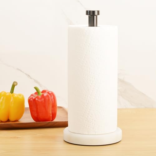 Kitchen Paper Towel Holder Countertop, Black Stainless Steel Rod, White Weighted Natural Marble Base, Heavy Duty Standing Paper Towel Roll Holders Easy One Hand Tear - color: Black