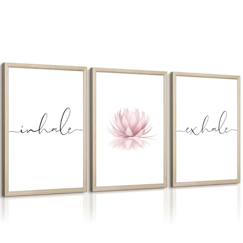 Inhale Exhale Wall Art Zen Canvas Decor Yoga Lotus Wall Art Calming Meditation Artwork Pink Yoga Poster Zen Pictures Painting for Living Room Bedroom 12x16 Inch Wood Framed Set of 3 - color: Yoga Wall Art, size: 16"L x 12"W, style: Framed