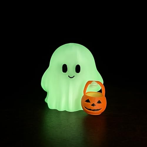 Halloween Decor Fluorescence Ghost Figurines Carrying Pumpkins – Mini Cute 3D Printing Spooky Table Statue Halloween Festive Decoration for Holiday Bookshelf Terrace Bedroom Indoor Home Tabletop Gifts - color: Fluorescence Ghost