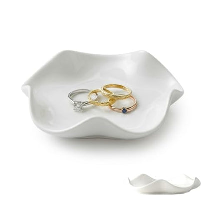 Elegant 5.3" White Ceramic Trinket Tray & Ring Holder Dish – Unique Wavy Decor, Jewelry Catchall, & Small Present for Mom, Sister, or Best Friend | Modern Vanity Accessory