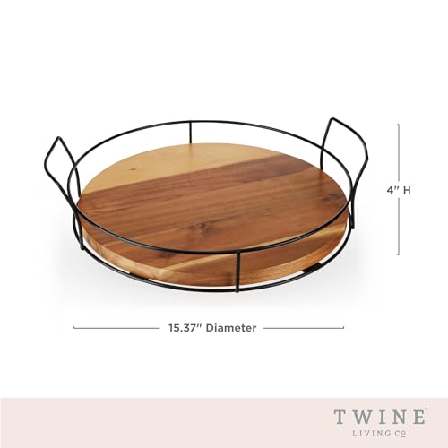 Twine Acacia Wood Cocktail Tray, Outdoor Entertaining, Easy Carry Handles, Removable Frame, Drink and Appetizer Tray, Set of 1 - style: Modern Round