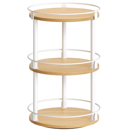 3-Tier Lazy Susan Organizer, Rotating Spice Rack, Spinning Organizer, Industrial Turntable Spice Rack Organizer for Cabinet, Kitchen Countertop, Pantry, White and Natural SR23WN - color: White + Natural, size: 10.2"L x 10.2"W x 18"H