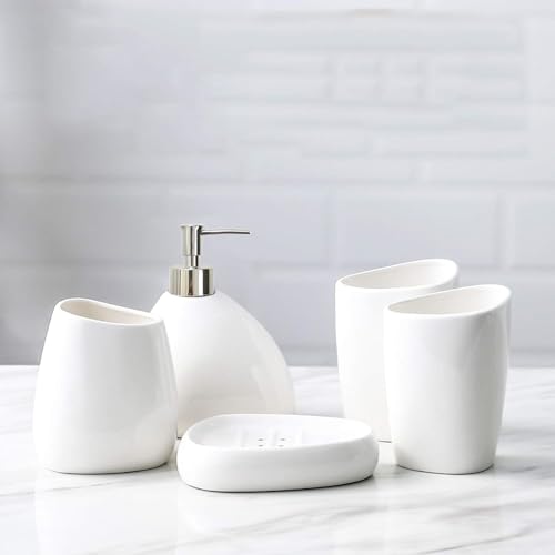 White Ceramic Bathroom Accessory Set, Bathroom Vanity Countertop Set, Bathroom Soap Dispenser and Toothbrush Holder Set Complete, 2 Tumbler Cup, Soap Dish, 5 Pieces - color: A-white* 5 Pieces