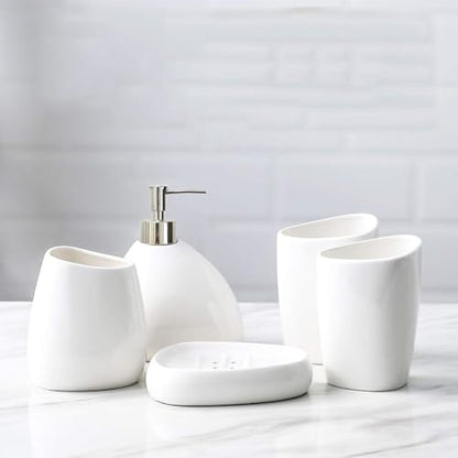White Ceramic Bathroom Accessory Set, Bathroom Vanity Countertop Set, Bathroom Soap Dispenser and Toothbrush Holder Set Complete, 2 Tumbler Cup, Soap Dish, 5 Pieces - color: A-white* 5 Pieces