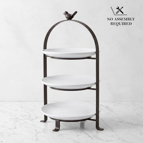 SparkWorks 3 Tiered Cake Stand, Tea Party Serving Platter, Dessert and Cupcake Stand, Metal Tiered Serving Stand Includes Three Premium White Stoneware Plates - size: 8.5 inch