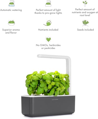 Click & Grow Indoor Herb Garden Kit with Grow Light | Smart Garden for Home Kitchen Windowsill | Easier Than Hydroponics Growing System | Vegetable Gardening Starter (3 Basil Pods Included), Grey | Easier than a hydroponic growing system. Patented Smart S