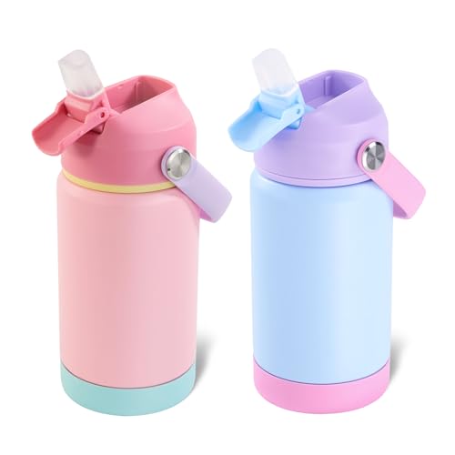 Kerilyn 12oz Kids Water Bottle 2 Pack, Stainless Steel Insulated Water Bottle Bulk, Toddler Cups with Straws Leak-Proof, Kids Water Bottles for School Boys Girls, Cerulean + Charm Pink 2 Piece Set - color: A. Cerulean+Charm Pink