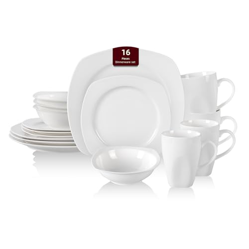 HomeVss, New Bone China Embossed Dinnerware Set, Coupe Square Shape, 16pc Set - color: Square Coupe, size: Service for 4 - 16pc Set