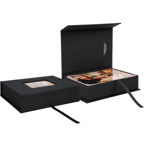 4x6 Photo Storage Box with Window, Linen Black | Clear PVC window, magnetic closure, holds 4x6 photos, memory keepsake for wedding baby gift - color: Black, size: 4 x 6 Inch