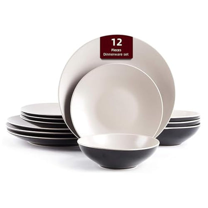 Stoneware Two-Tone Colors Life 12pc Dinner Set, Outside Shiny Black + Inside Matte Light Beige - color: Light Beige, size: 12pc Set
