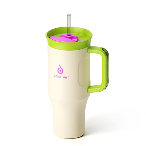 Ideus 32 oz Tumbler with Handle and Straw, 100% Leak Proof Dual Wall Vacuum Insulated Stainless Steel Travel Mug, Cup Holder Friendly, Cream White - color: Warm White