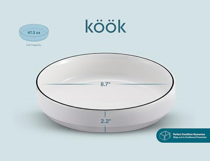 KooK Ceramic Large Pasta Bowls, Microwave and Dishwasher Safe, Great for Soups and Salads, Shallow Serving Bowls, Glossy Porcelain, 47 oz, Set of 4, French - color: French