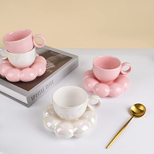 Koythin 6.5oz Sunflower Saucer Mini Ceramic Mug, Pearl White Tea Latte Cup | 200ml Small Compact Cup, Dual Safe Ceramic; Vanity Table Decor, Light Beverage Cup - color: Pearl White