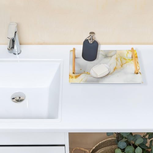 White Gold Marble Texture Acrylic Vanity Tray with Handles Non-Slip Decorative Bathroom Tray Jewelry Perfume Makeup Organizer for Dresser Kitchen Counter, 7.87 x 11.81 in