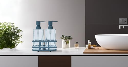 Square 3 Piece Glass Clear Lotion and Soap Pump Dispenser Set with Metal Stand Caddy for Bathroom Bath Kitchen Home Office Travel Hotel Hand Crafted Heavy Weight Spa Blue - color: Spa Blue