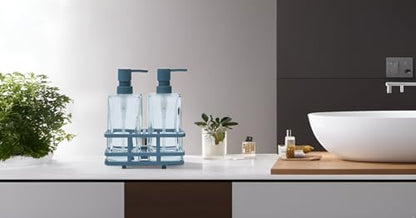 Square 3 Piece Glass Clear Lotion and Soap Pump Dispenser Set with Metal Stand Caddy for Bathroom Bath Kitchen Home Office Travel Hotel Hand Crafted Heavy Weight Spa Blue - color: Spa Blue