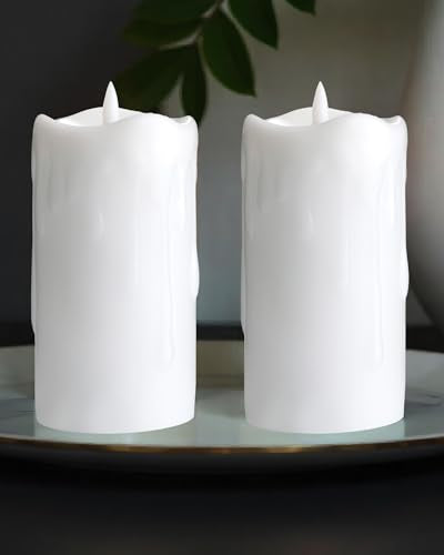 Gmnee 3"x6" Flickering Flameless Candles with Remote Timer, LED, Real Wax | 2-Pack White Pillar Candles, Fake Candles, Battery Operated Candles for Home, Fireplace, Centerpiece and Rustic Decor - color: White - D3"H6" - Waxdrip