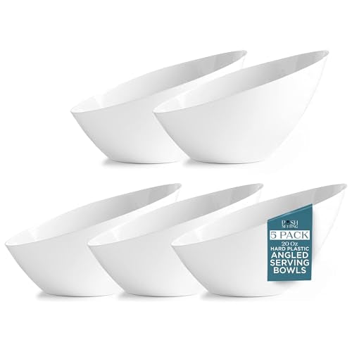 5 Pack White Angled Plastic Serving Bowl Disposable for Party Table 20oz | Angled Bowl Design. Chip, Candy, Salad & Fruit Use. Disposable Party Tableware. Buffet & Wedding Serving. White Plastic. - color: White, size: Medium 20 OZ
