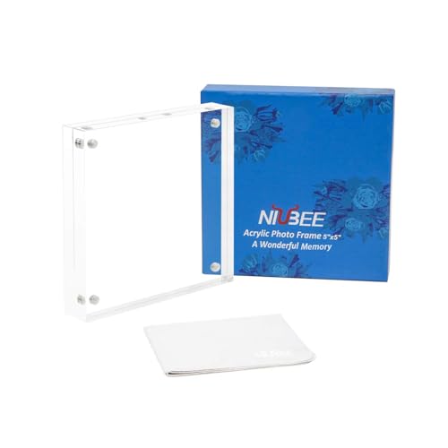 NIUBEE 5x5 Picture Frames, Clear Acrylic Photo Frame with Gift Box Package, 20% Thicker Blocks Magnetic Desktop Card Display - size: 5x5"(1 Pack)