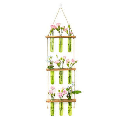 XXXFLOWER Wall Hanging Propagation Station with Wooden Stand Green | 9 Test Tubes Vases Terrarium Kit, Hanging Planters for Indoor Plants, Wall Decor for Living Room Office - size: Green-9 Tube Vase