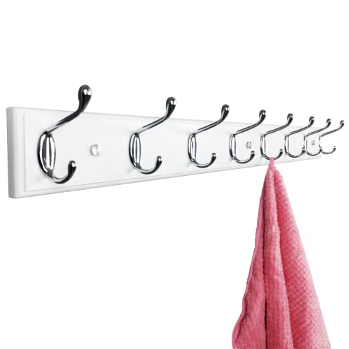 Wooden Wall Mounted Coat Rack – 31 Inch, White with 8 Silver Hooks for Entryway, Hallway, Bedroom - size: Long-31.5in(80cm),8 Silver Hooks, style: Modern