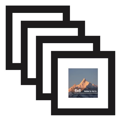 6x6 Picture Frame Set of 4 with Real Glass, Wall & Tabletop Display | Fits 4x4 with Mat or 6x6 without Mat, Crystal-Clear Viewing for Family Photos and Gallery Walls, Black - color: Black, size: 6x6 in