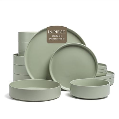 over&back 16-Piece Stackable Dinnerware Dish Set - Stoneware Dishes - Includes 4 Dinner Plates, 4 Salad Plates, 4 Cereal Bowls, and 4 Dinner Bowls - All-Occasion Place Settings - Semi-Matte Sage - color: Sage, size: Dinner Set | 16 Pieces