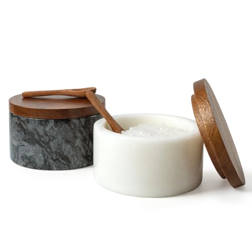 Salt and Pepper Containers, Marble Salt Cellar Set of 2 with Wood Lids and Spoons, Black and White Salt Keeper Bowls for Kitchen Counter, Sugar, Spices and Dry Seasonings - color: White+Black