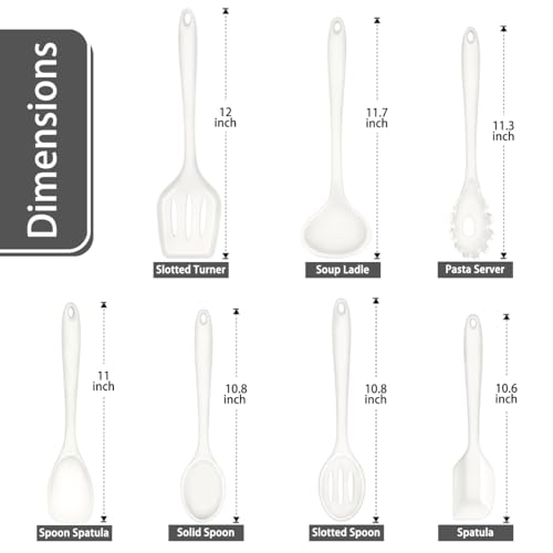 P&P CHEF White Kitchen Utensils, Silicone Cooking Utensil Set of 7 | Soft Spatula for Nonstick Cookware, Slotted Turner, Soup Ladle, Pasta Server, Spoon for Cooking, Dishwasher Safe & Heat Proof - color: White
