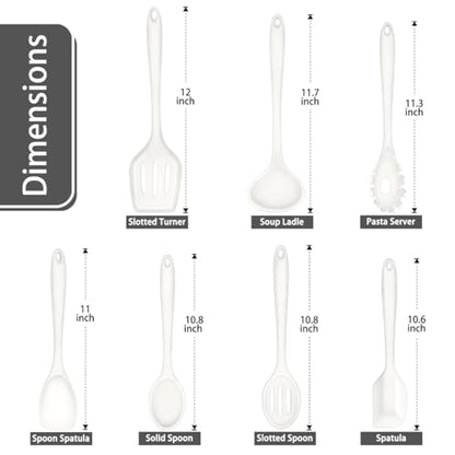 P&P CHEF White Kitchen Utensils, Silicone Cooking Utensil Set of 7 | Soft Spatula for Nonstick Cookware, Slotted Turner, Soup Ladle, Pasta Server, Spoon for Cooking, Dishwasher Safe & Heat Proof - color: White