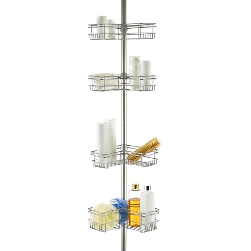 Tension Pole Shower Caddy Corner Organizer, Adjustable Standing Shower Caddy with 4 Removable Baskets, Rust Resistant Bathroom Tension Rod Organizer, 60 to 97 Inch, Satin Nickel - color: Satin Nickel